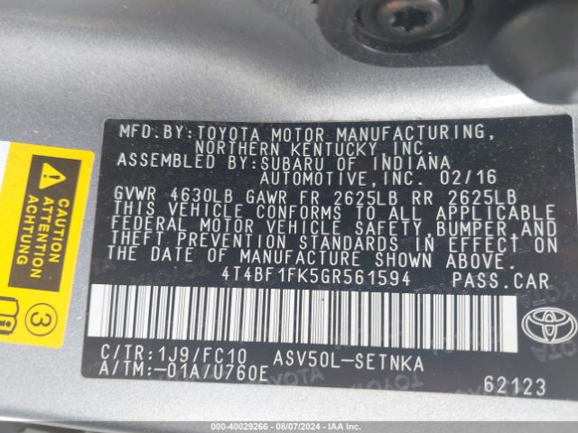 Photo 8 VIN: 4T4BF1FK5GR561594 - TOYOTA CAMRY 