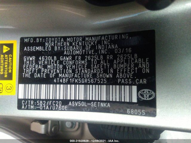 Photo 8 VIN: 4T4BF1FK5GR567525 - TOYOTA CAMRY 