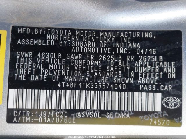 Photo 8 VIN: 4T4BF1FK5GR574040 - TOYOTA CAMRY 