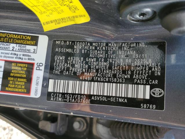 Photo 9 VIN: 4T4BF1FK6CR158363 - TOYOTA CAMRY BASE 