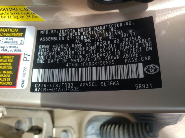 Photo 9 VIN: 4T4BF1FK6CR158525 - TOYOTA CAMRY BASE 