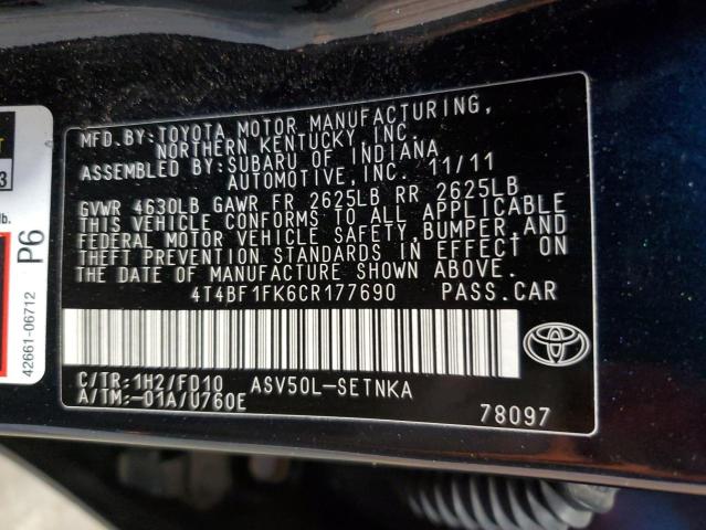 Photo 11 VIN: 4T4BF1FK6CR177690 - TOYOTA CAMRY BASE 