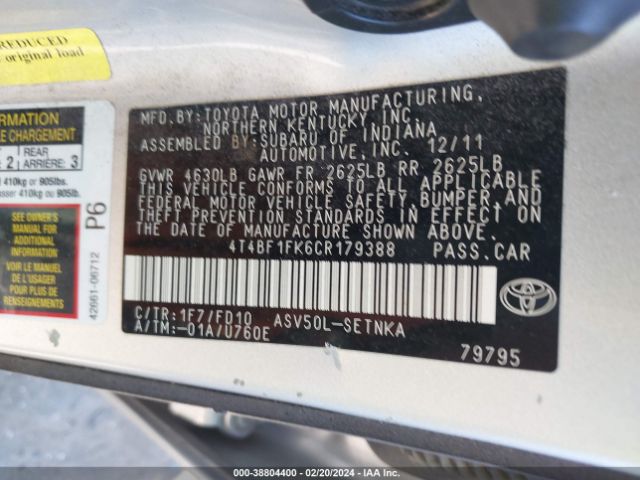 Photo 8 VIN: 4T4BF1FK6CR179388 - TOYOTA CAMRY 