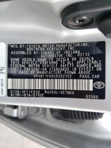 Photo 9 VIN: 4T4BF1FK6CR202152 - TOYOTA CAMRY BASE 