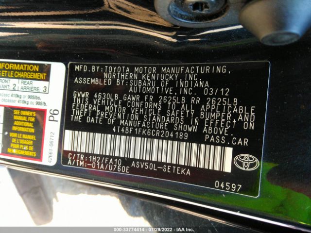 Photo 8 VIN: 4T4BF1FK6CR204189 - TOYOTA CAMRY 