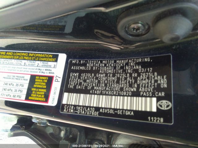 Photo 8 VIN: 4T4BF1FK6CR210820 - TOYOTA CAMRY 