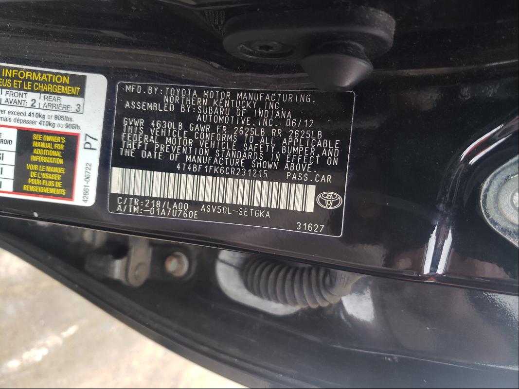 Photo 9 VIN: 4T4BF1FK6CR231215 - TOYOTA CAMRY 