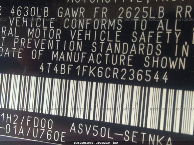 Photo 8 VIN: 4T4BF1FK6CR236544 - TOYOTA CAMRY 