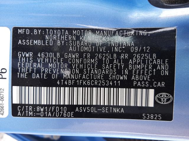 Photo 9 VIN: 4T4BF1FK6CR253411 - TOYOTA CAMRY BASE 