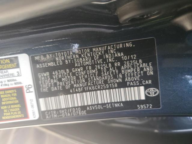 Photo 12 VIN: 4T4BF1FK6CR259158 - TOYOTA CAMRY BASE 