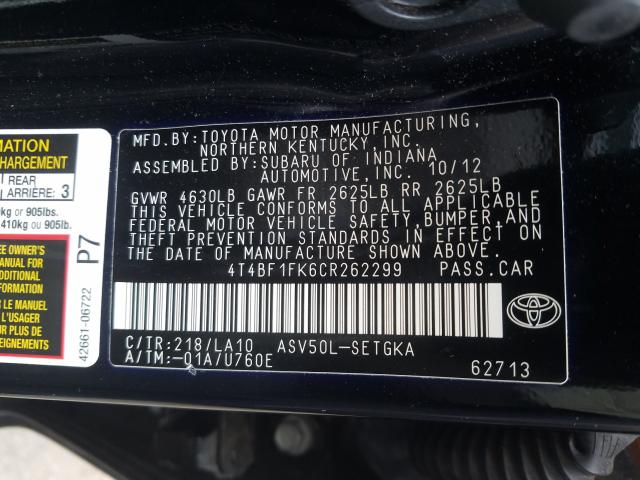 Photo 9 VIN: 4T4BF1FK6CR262299 - TOYOTA CAMRY BASE 