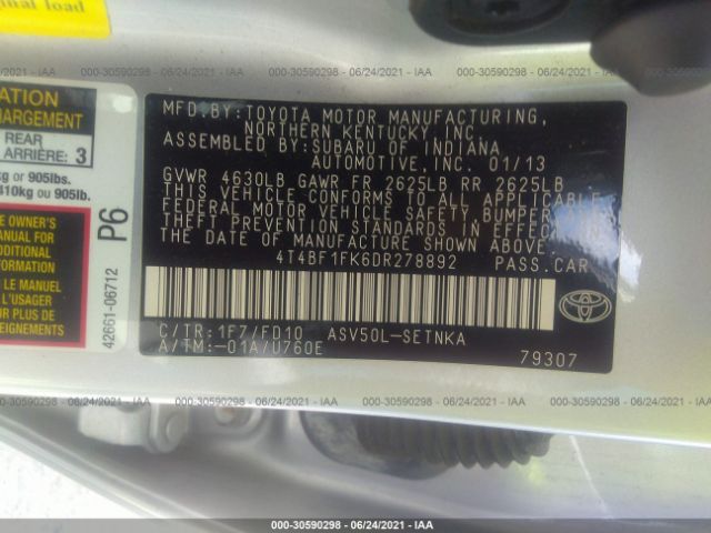 Photo 8 VIN: 4T4BF1FK6DR278892 - TOYOTA CAMRY 