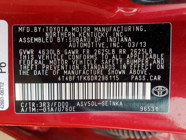 Photo 9 VIN: 4T4BF1FK6DR296115 - TOYOTA CAMRY L 