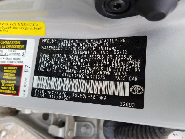 Photo 9 VIN: 4T4BF1FK6DR321675 - TOYOTA CAMRY L 