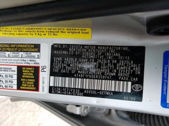 Photo 9 VIN: 4T4BF1FK6ER359747 - TOYOTA CAMRY L 