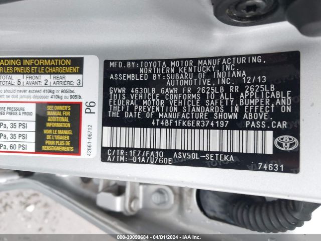 Photo 8 VIN: 4T4BF1FK6ER374197 - TOYOTA CAMRY 