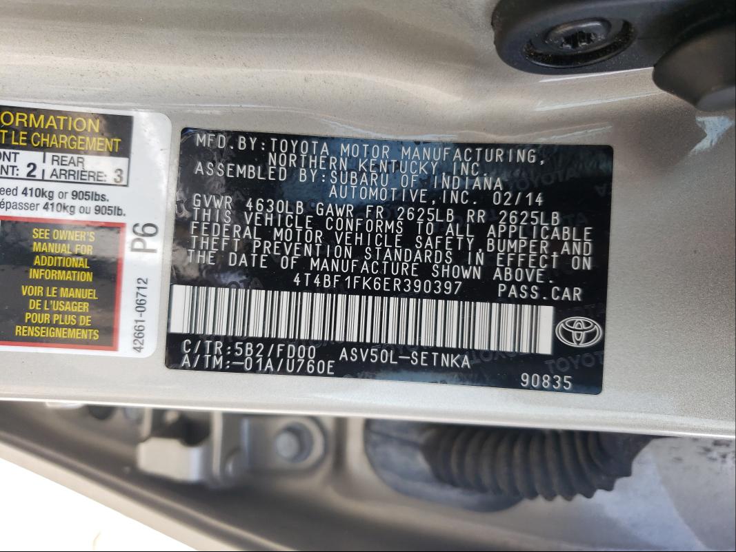 Photo 9 VIN: 4T4BF1FK6ER390397 - TOYOTA CAMRY L 