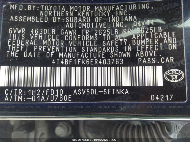 Photo 8 VIN: 4T4BF1FK6ER403763 - TOYOTA CAMRY 