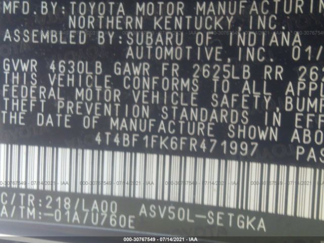 Photo 8 VIN: 4T4BF1FK6FR471997 - TOYOTA CAMRY 