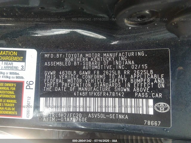 Photo 8 VIN: 4T4BF1FK6FR478142 - TOYOTA CAMRY 