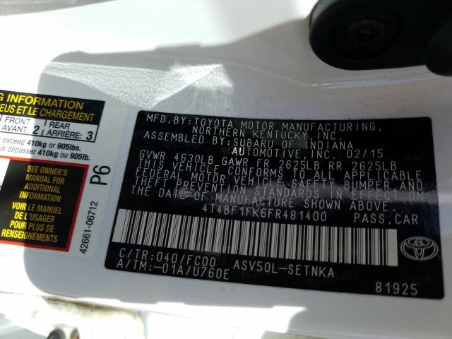 Photo 9 VIN: 4T4BF1FK6FR481400 - TOYOTA CAMRY LE 