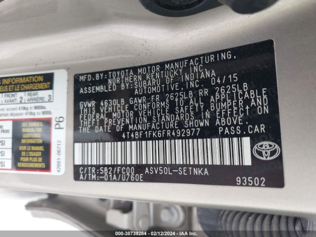 Photo 8 VIN: 4T4BF1FK6FR492977 - TOYOTA CAMRY 