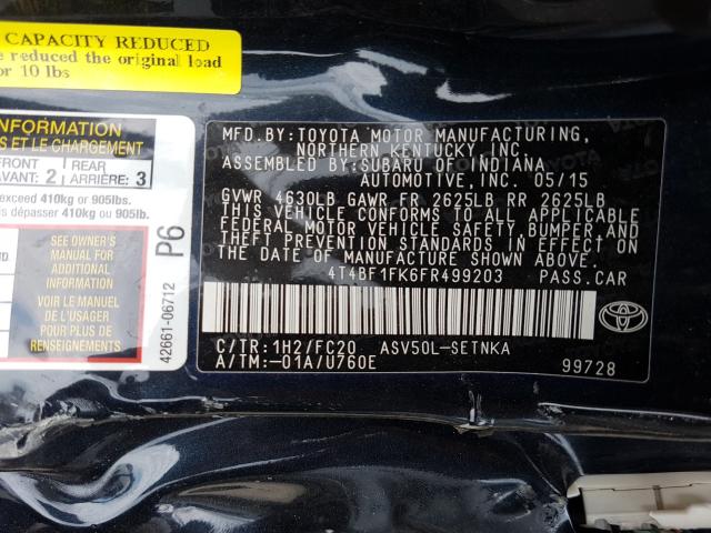 Photo 9 VIN: 4T4BF1FK6FR499203 - TOYOTA CAMRY LE 