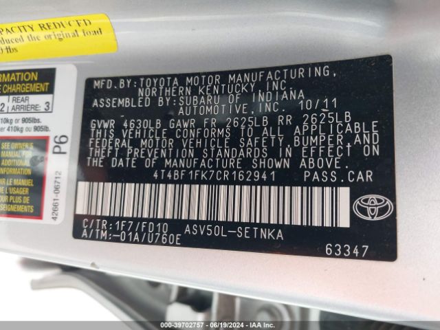 Photo 8 VIN: 4T4BF1FK7CR162941 - TOYOTA CAMRY 