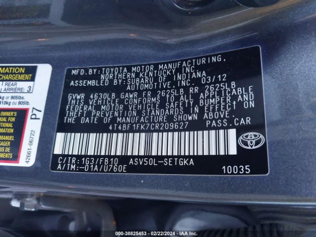 Photo 8 VIN: 4T4BF1FK7CR209627 - TOYOTA CAMRY 