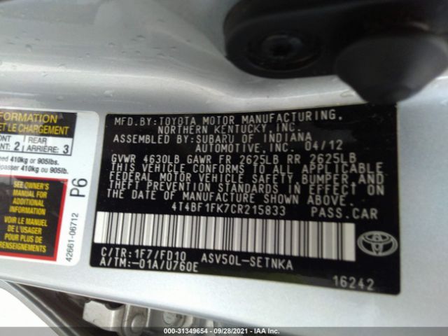 Photo 8 VIN: 4T4BF1FK7CR215833 - TOYOTA CAMRY 