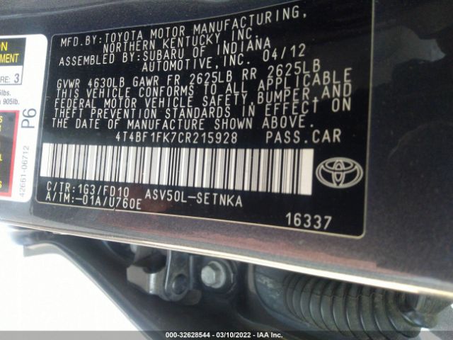 Photo 8 VIN: 4T4BF1FK7CR215928 - TOYOTA CAMRY 