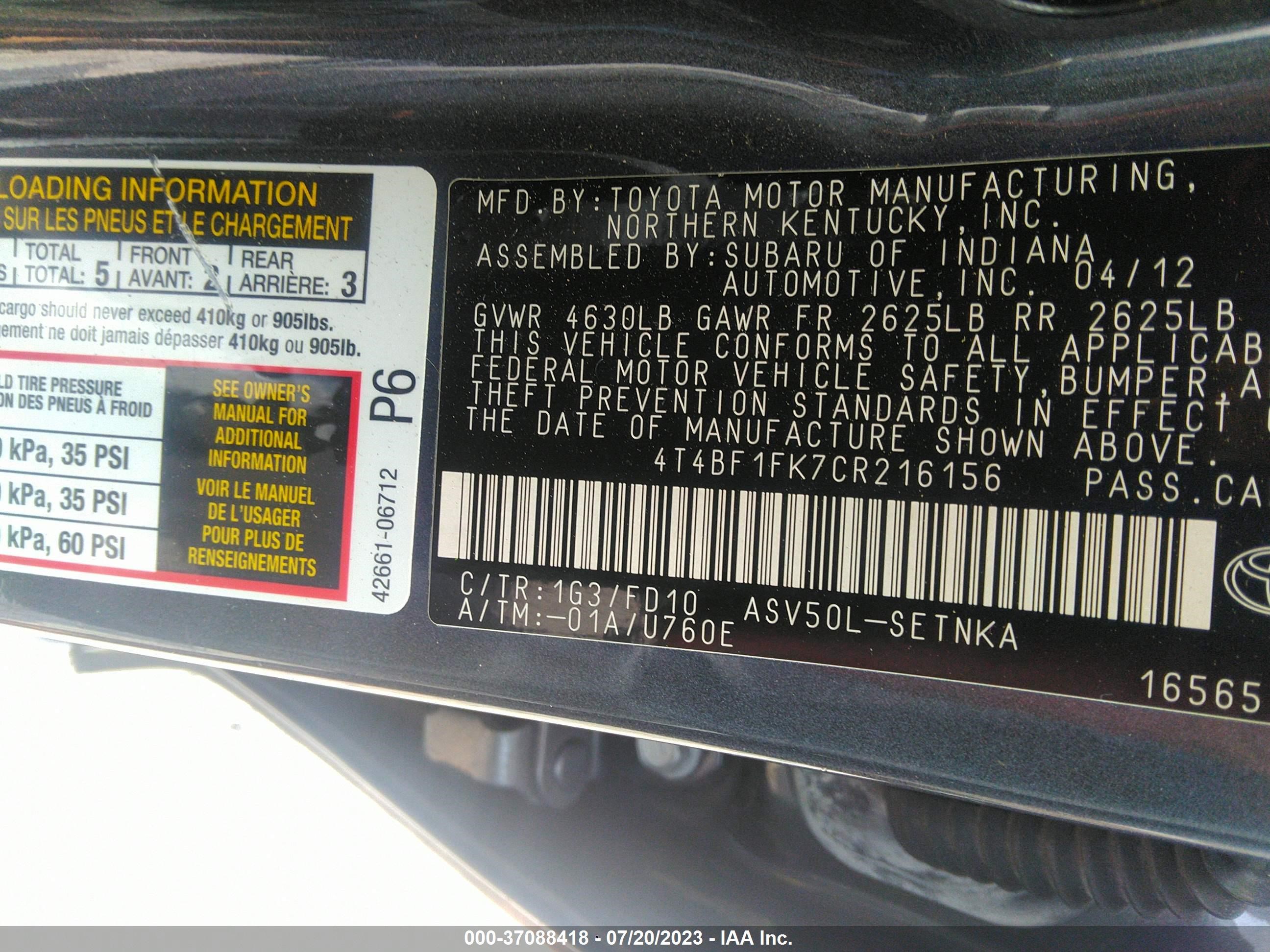 Photo 8 VIN: 4T4BF1FK7CR216156 - TOYOTA CAMRY 