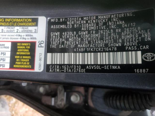 Photo 9 VIN: 4T4BF1FK7CR216478 - TOYOTA CAMRY BASE 