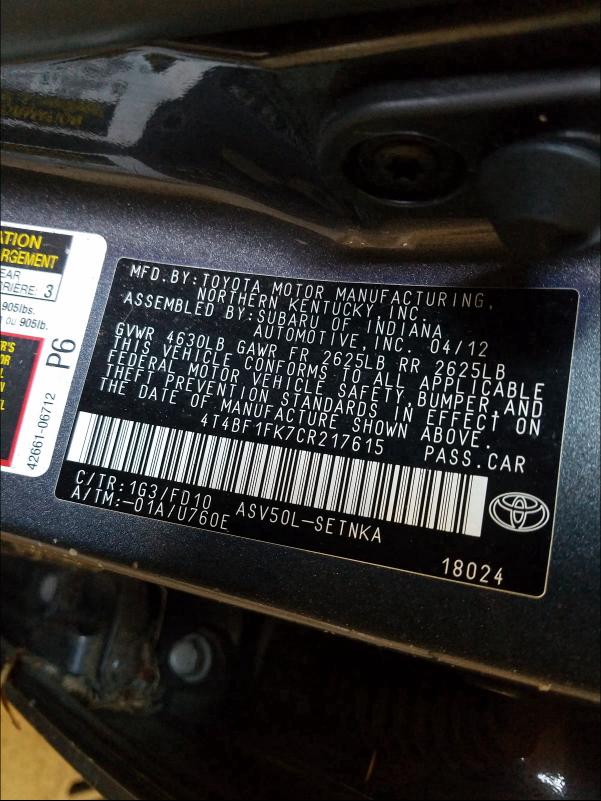 Photo 9 VIN: 4T4BF1FK7CR217615 - TOYOTA CAMRY BASE 