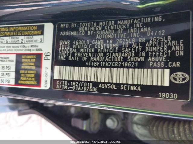 Photo 8 VIN: 4T4BF1FK7CR218621 - TOYOTA CAMRY 