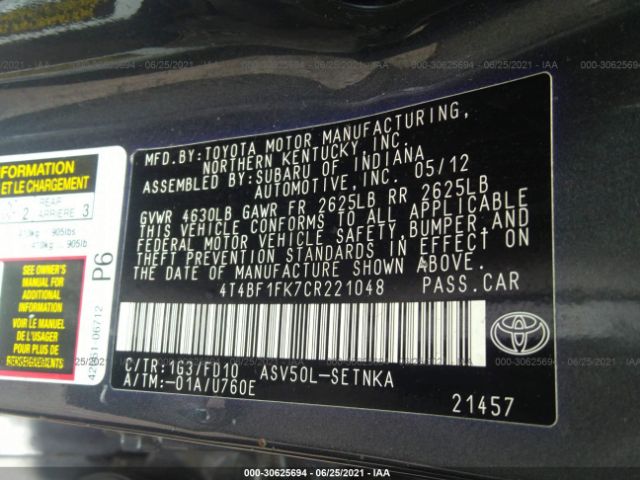 Photo 8 VIN: 4T4BF1FK7CR221048 - TOYOTA CAMRY 