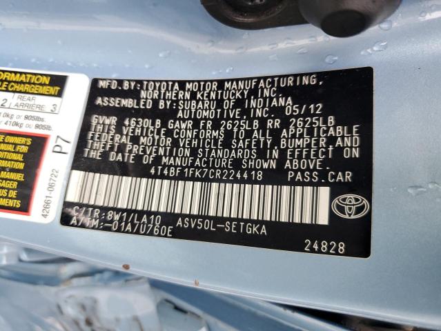 Photo 11 VIN: 4T4BF1FK7CR224418 - TOYOTA CAMRY 