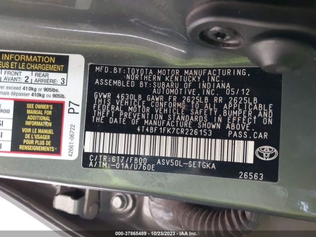 Photo 8 VIN: 4T4BF1FK7CR226153 - TOYOTA CAMRY 