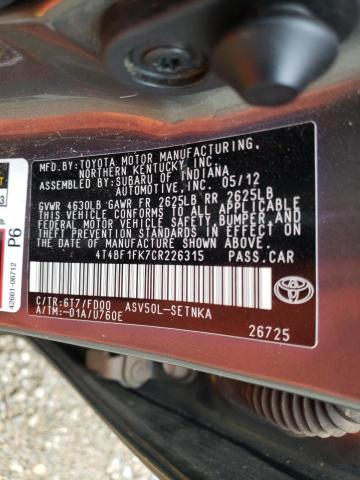 Photo 9 VIN: 4T4BF1FK7CR226315 - TOYOTA CAMRY BASE 