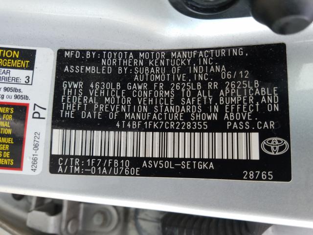 Photo 9 VIN: 4T4BF1FK7CR228355 - TOYOTA CAMRY BASE 