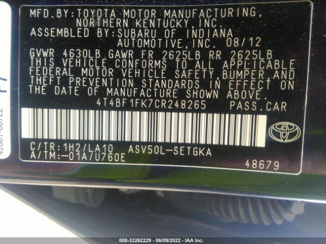 Photo 8 VIN: 4T4BF1FK7CR248265 - TOYOTA CAMRY 