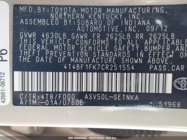 Photo 8 VIN: 4T4BF1FK7CR251554 - TOYOTA CAMRY 