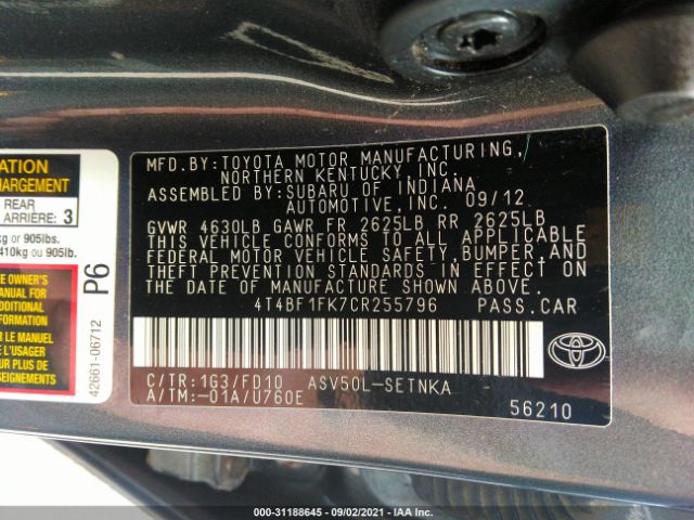 Photo 8 VIN: 4T4BF1FK7CR255796 - TOYOTA CAMRY 