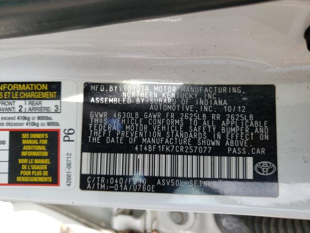 Photo 9 VIN: 4T4BF1FK7CR257077 - TOYOTA CAMRY BASE 