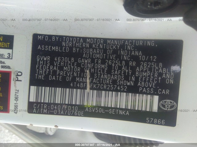 Photo 8 VIN: 4T4BF1FK7CR257452 - TOYOTA CAMRY 