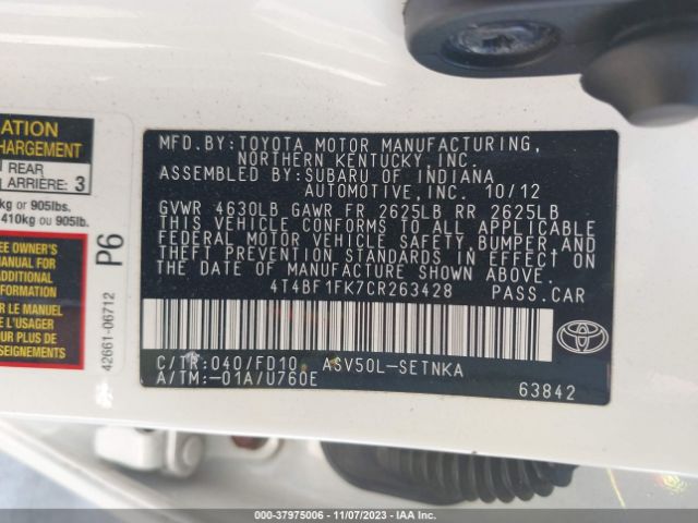 Photo 8 VIN: 4T4BF1FK7CR263428 - TOYOTA CAMRY 