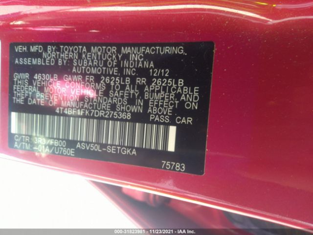 Photo 8 VIN: 4T4BF1FK7DR275368 - TOYOTA CAMRY 