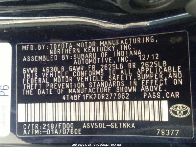 Photo 8 VIN: 4T4BF1FK7DR277962 - TOYOTA CAMRY 