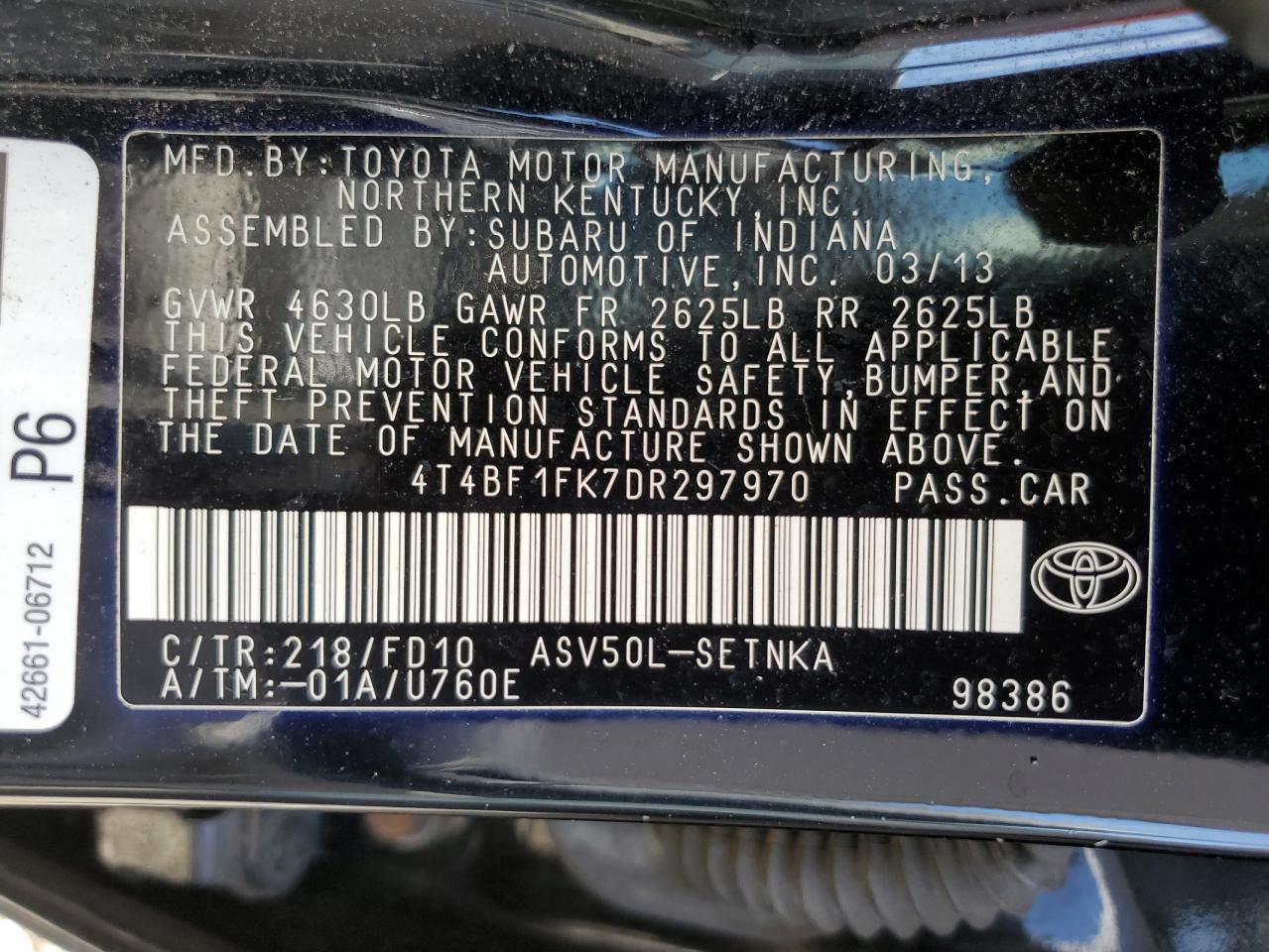 Photo 12 VIN: 4T4BF1FK7DR297970 - TOYOTA CAMRY 