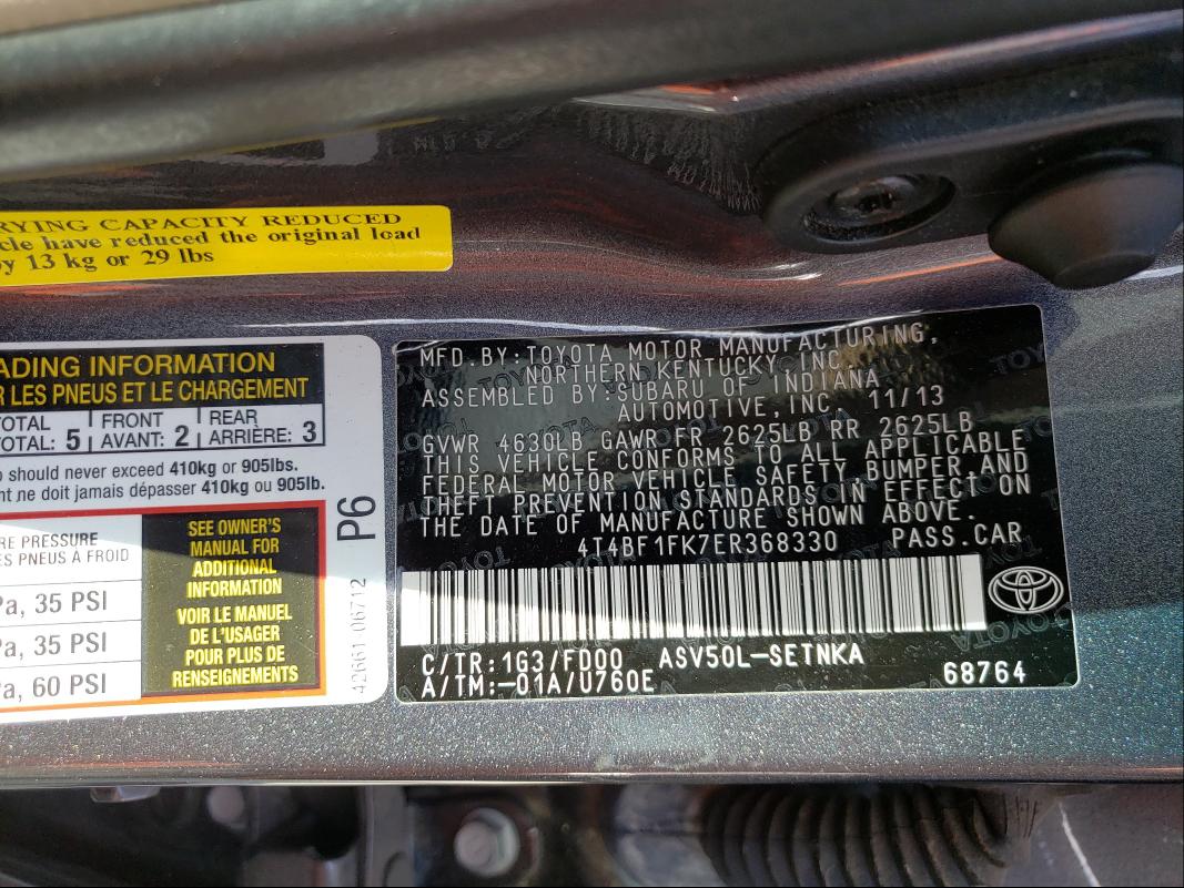 Photo 9 VIN: 4T4BF1FK7ER368330 - TOYOTA CAMRY L 